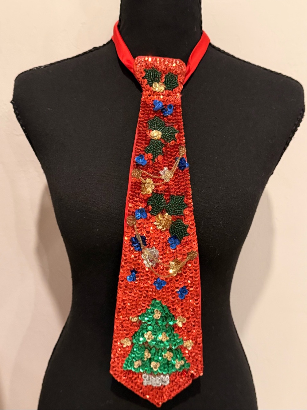 Vintage Christmas Tie 100% Silk Hand Beaded Sequin Tree Holiday Novelty Necktie